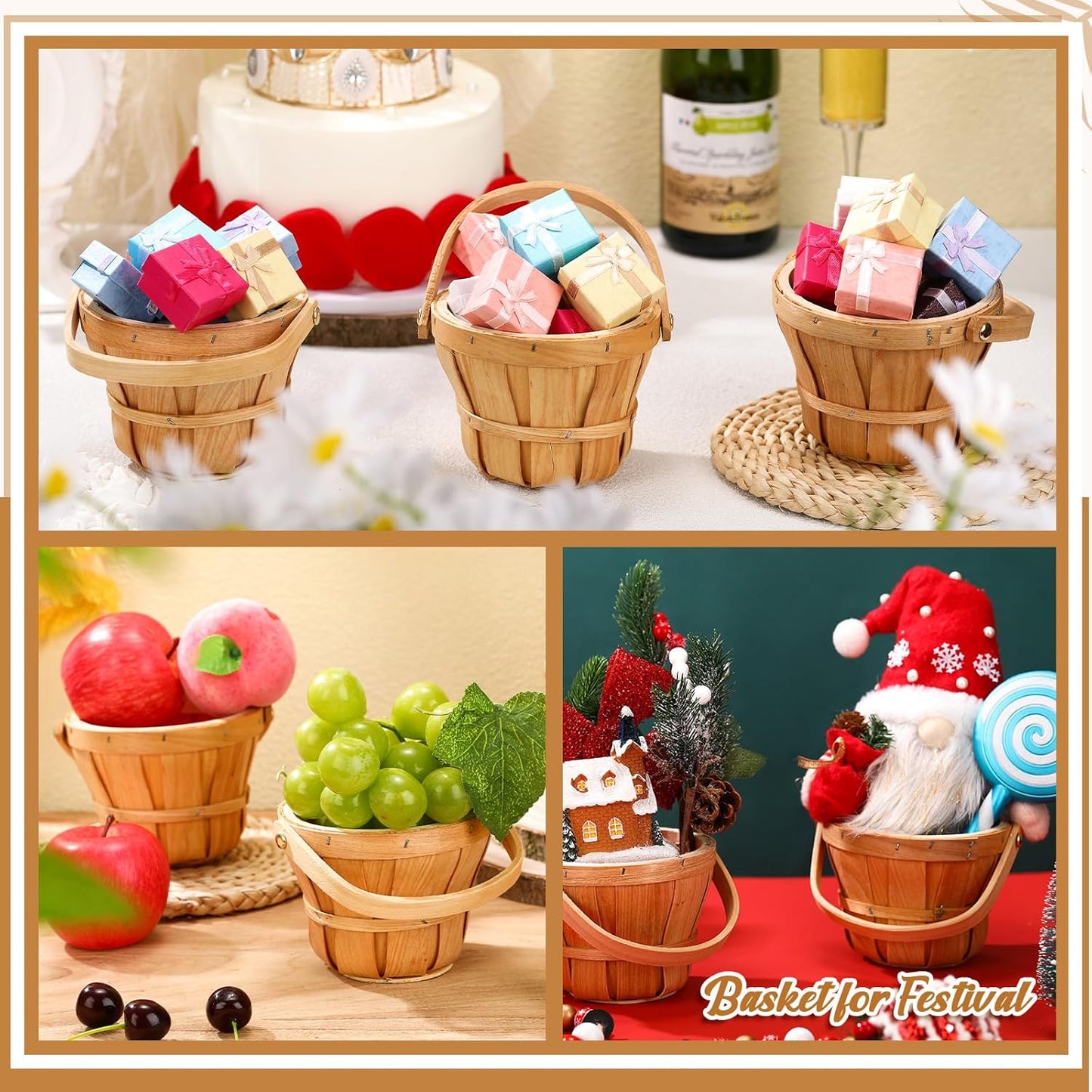 Marsui 15 Pcs Small Wooden Berry Baskets – 4 x 5.1 Inch Handcrafted Beach Baskets with Reinforced Handles, for Fruit, Market, Crafts, Gifts, Garden Picking & Decor (Brown)
