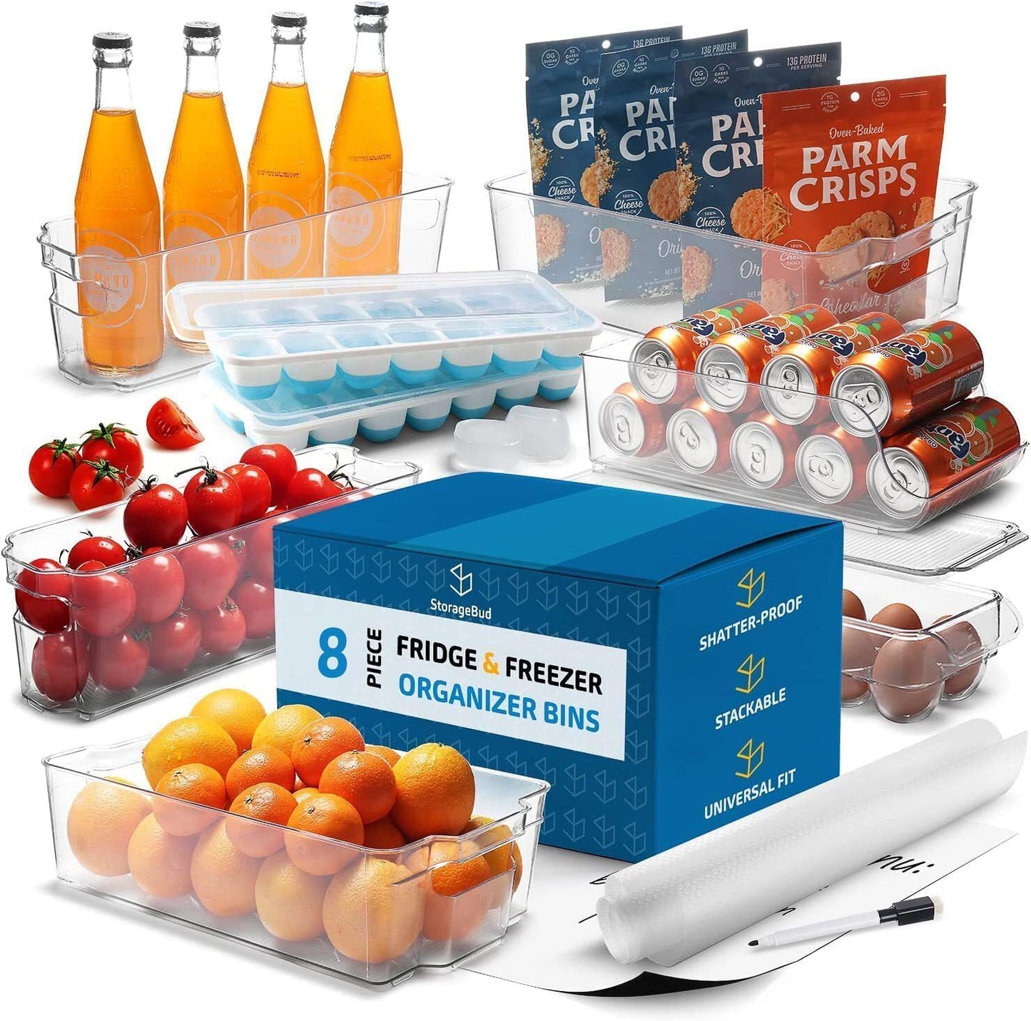 Hearth & Harbor 28 Piece Fridge Organizer Bins - Set of 16 Clear Bins with 8 Shelf Liners, 2 White Boards and 2 Markers - Stackable Containers With Handles