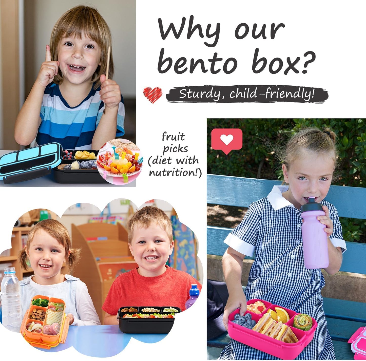 QQKO Bento Lunch Box for Kids Girls Boys, Toddler Kids Lunch Boxes for School, Lunch Containers for Adults with 4 Compartments, Sauce Container, Utensils, Food Picks and Muffin Cups, Purple