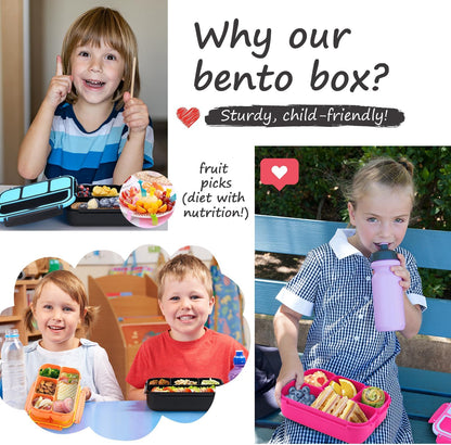 QQKO Bento Lunch Box for Kids Girls Boys, Toddler Kids Lunch Boxes for School, Lunch Containers for Adults with 4 Compartments, Sauce Container, Utensils, Food Picks and Muffin Cups, Purple