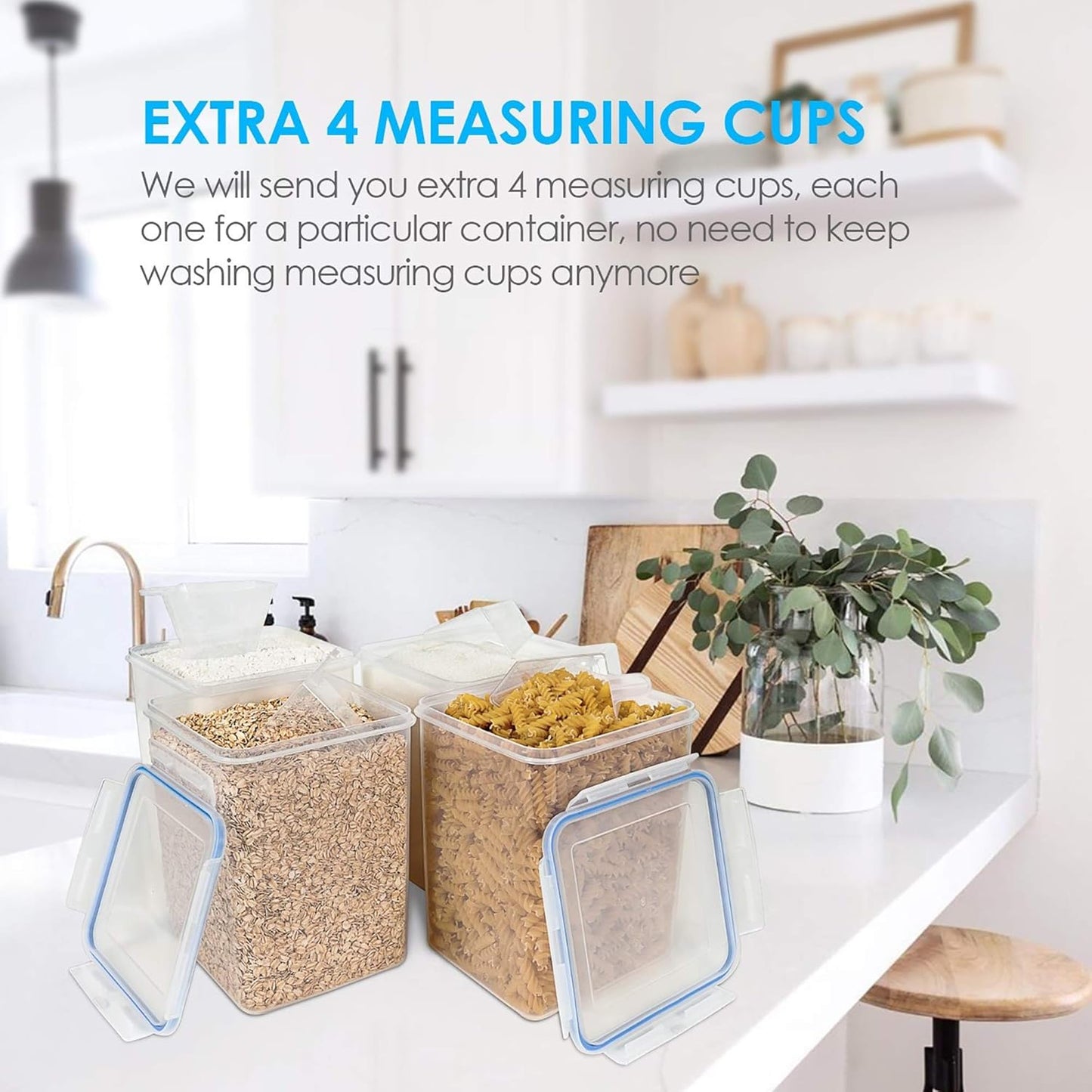 Vtopmart 4 PCS Large Food Storage Containers 5.2L / 175oz, 4 Pieces BPA Free Plastic Airtight Canisters for Flour, Sugar, Baking Supplies, Rice with Lids, 4 Measuring Cups and 24 Labels, Black