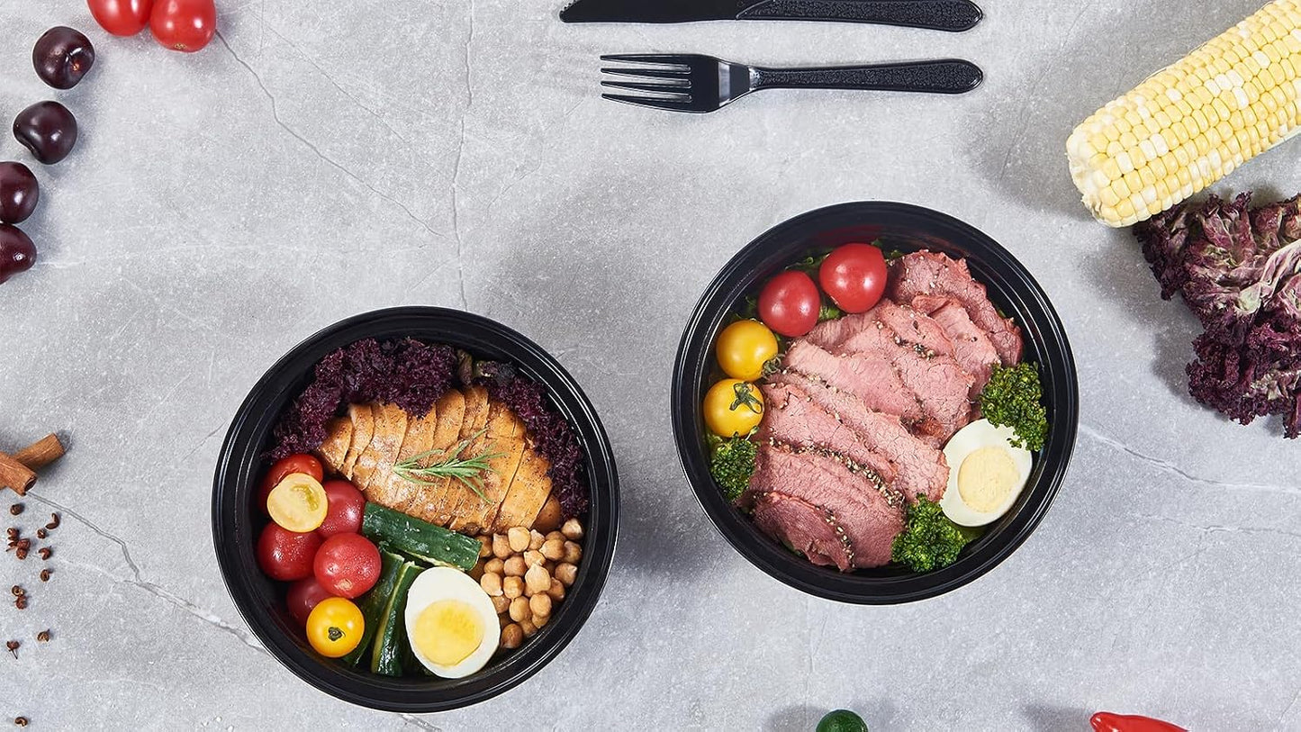 FULING 32 oz 50 ct Round Meal Prep Containers with Lids Plastic Food Storage Lunch Plan To Go Box Disposable Take Out Bowls Black BPA Free Reusable Durable Stackable Microwave Freezer Dishwasher Safe