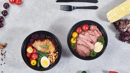 FULING 32 oz 50 ct Round Meal Prep Containers with Lids Plastic Food Storage Lunch Plan To Go Box Disposable Take Out Bowls Black BPA Free Reusable Durable Stackable Microwave Freezer Dishwasher Safe