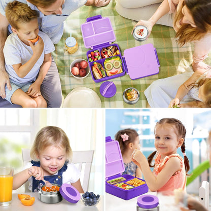 Bento Lunch Box Set for Kids with 8oz Soup Thermo, Leak-Proof Lunch Containers with 4 Compartment, Kids Thermo Hot Food Jar and Insulated Lunch Bag for Kid to School-Black