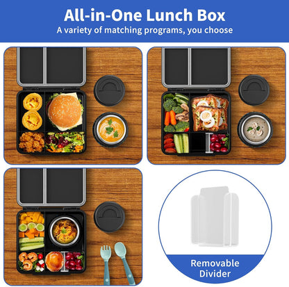Bento Box for Kids with Thermo Food Container (9oz), 4-Compartment Lunch Box, Adjustable Divider, Leakproof Bento Lunch Box, Includes Utensils & Carry Bag for School, Office(Blue)