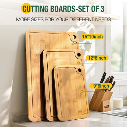 Deep-Carbonized Wood Cutting Board Set, HKKZYT 3 Pack Bamboo Chopping Boards for Kitchen with Side Handles, Charcuterie Board Juice Groove Knife-Friendly for Heavy Duty