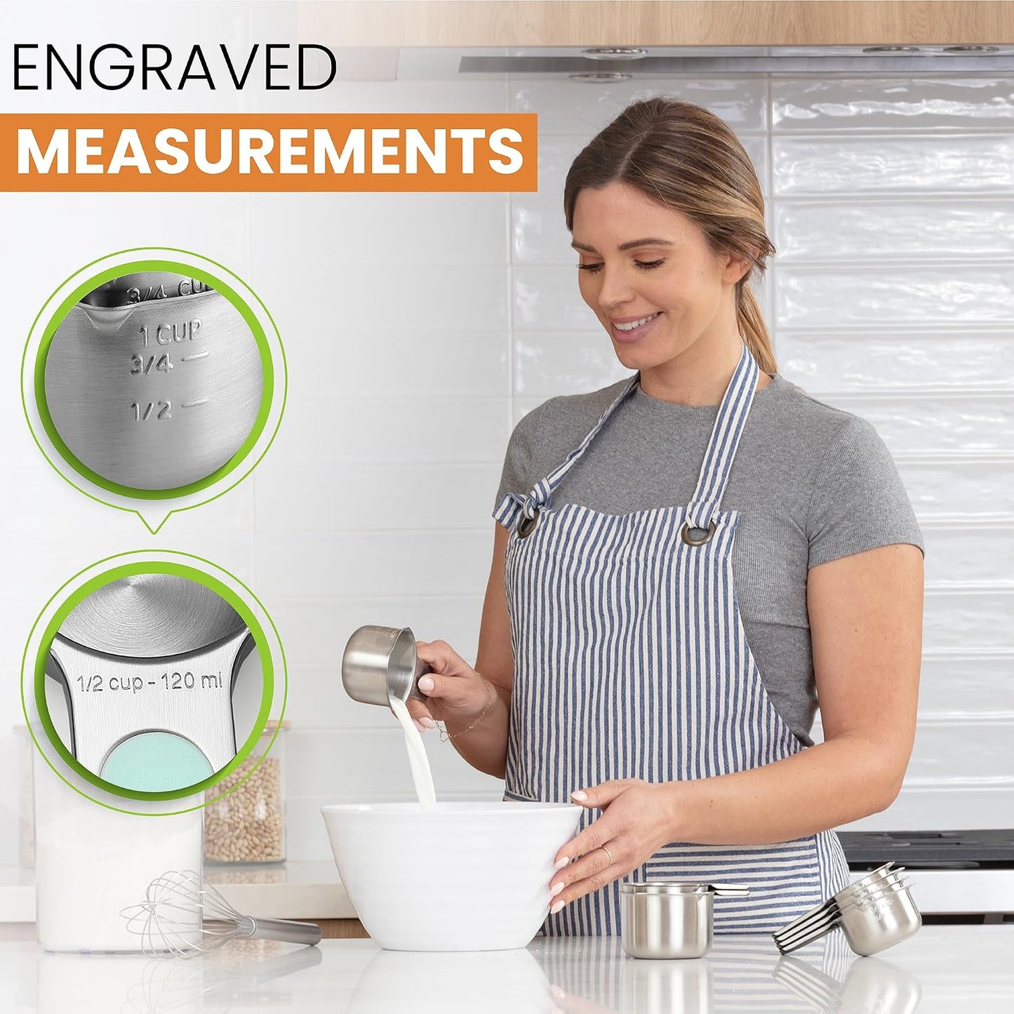 Spring Chef Stainless Steel Measuring Cups Set of 7 with Pour Spout - Nesting Kitchen Tools with Easy Read Markings to Measure Dry or Liquid Ingredients - Metal Measuring Cups for Baking & Cooking