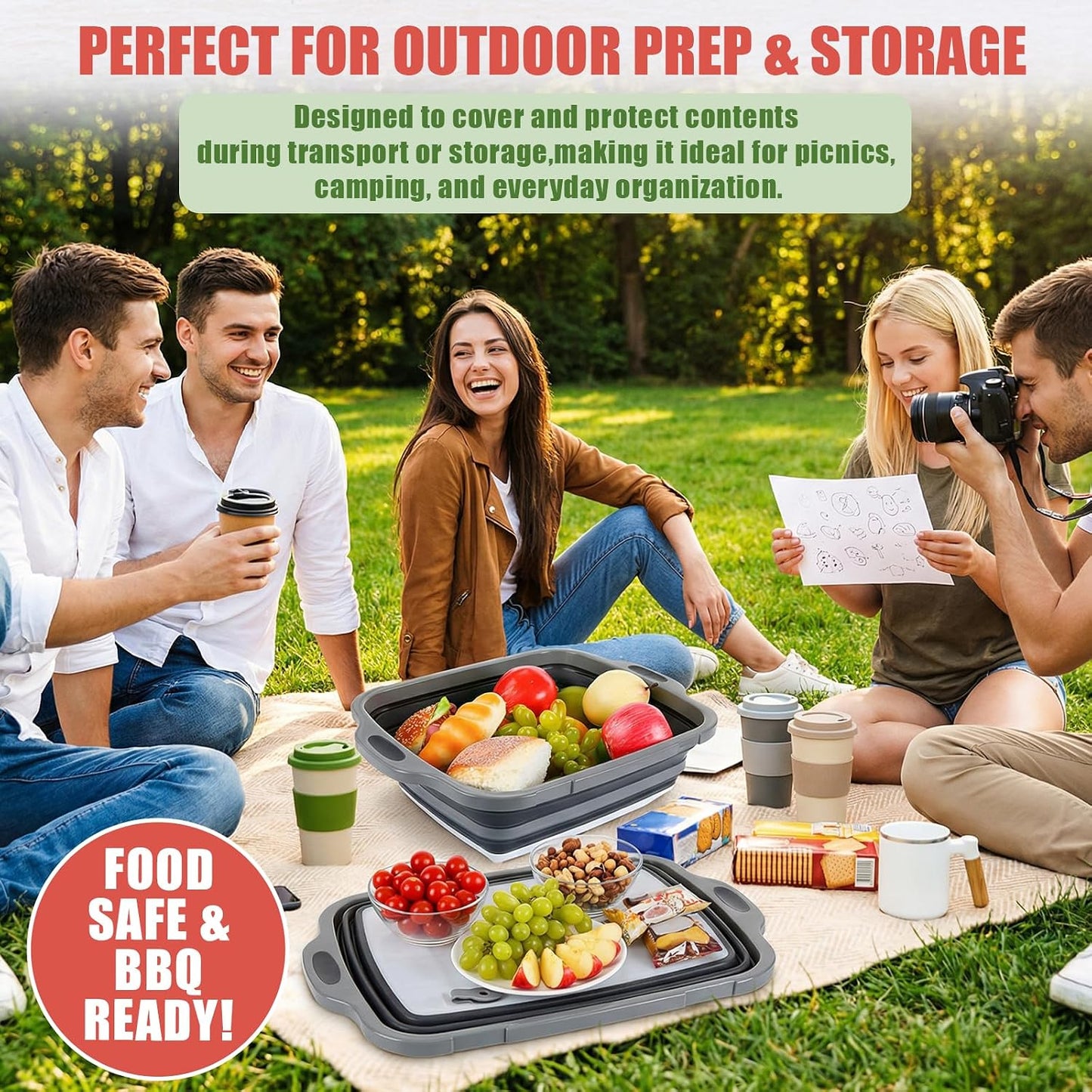 2 Pack Collapsible BBQ Prep Tub with Lid 2 Gal (8 L) 4-in-1 Marinating Tub Cutting Board Serving Tray Drink Chiller for Meal Prep Marinating Food, Grilling Picnic Camping BBQ Outdoor