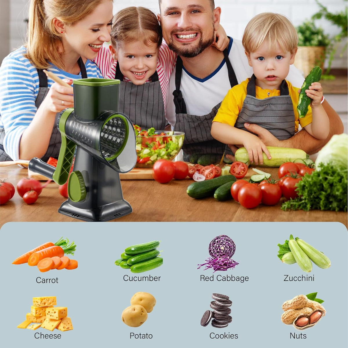 Rotary Cheese Grater hand crank 3 blades with Stronger Suction Base | Stainless Steel Blades for Fruits, Vegetables, Nuts. Dishwasher Safe & Easy to Clean, Transparent Black & Blue