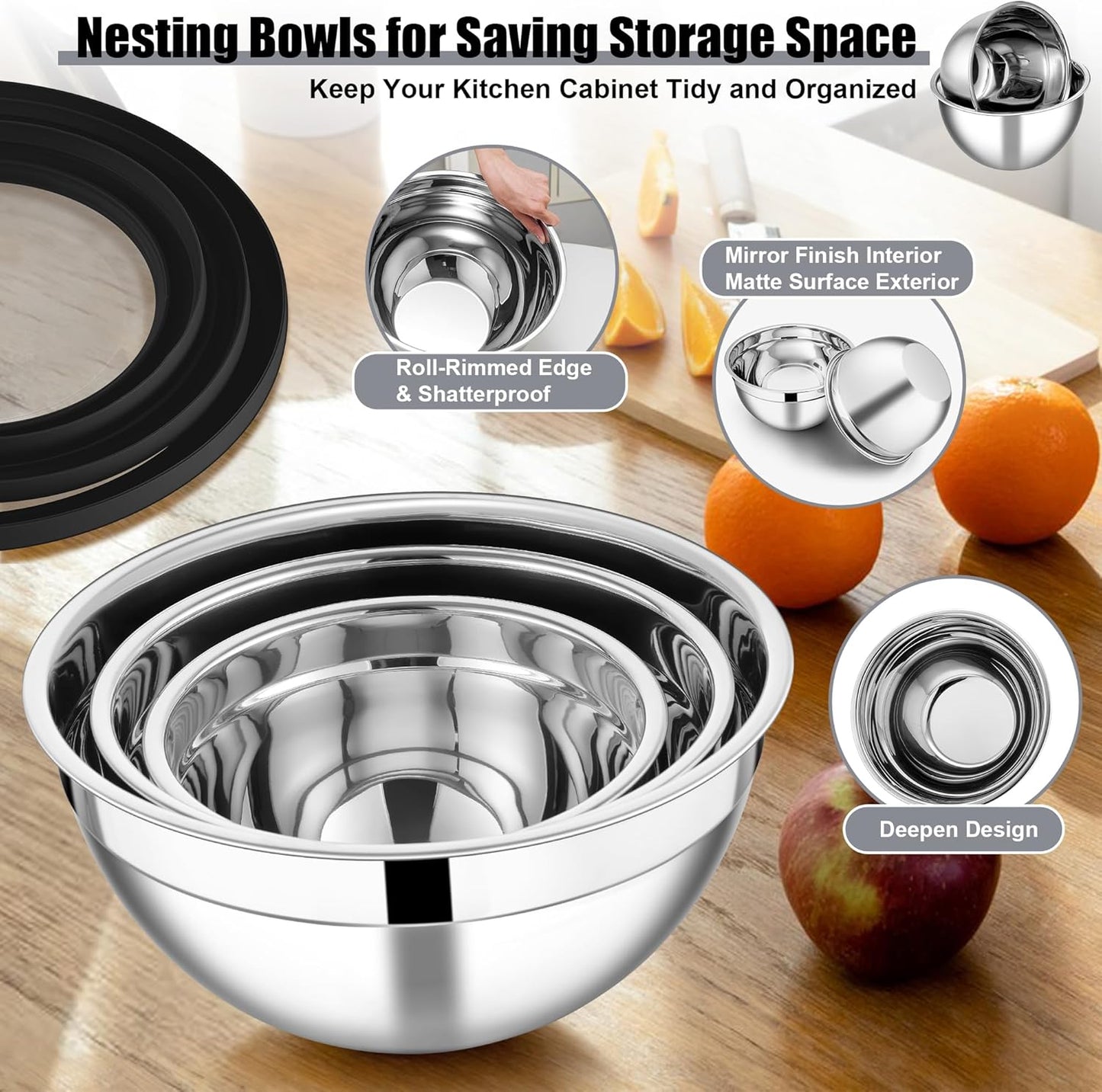 E-far Mixing Bowls Set of 5, Stainless Steel Salad Mixing Bowl with Transparent Lid, Metal Nesting Bowl Attach with 3 Graters for Kitchen Prepping/Serving/Baking/Storage, 4.6/2.6/1.5/1/0.7 QT - Black