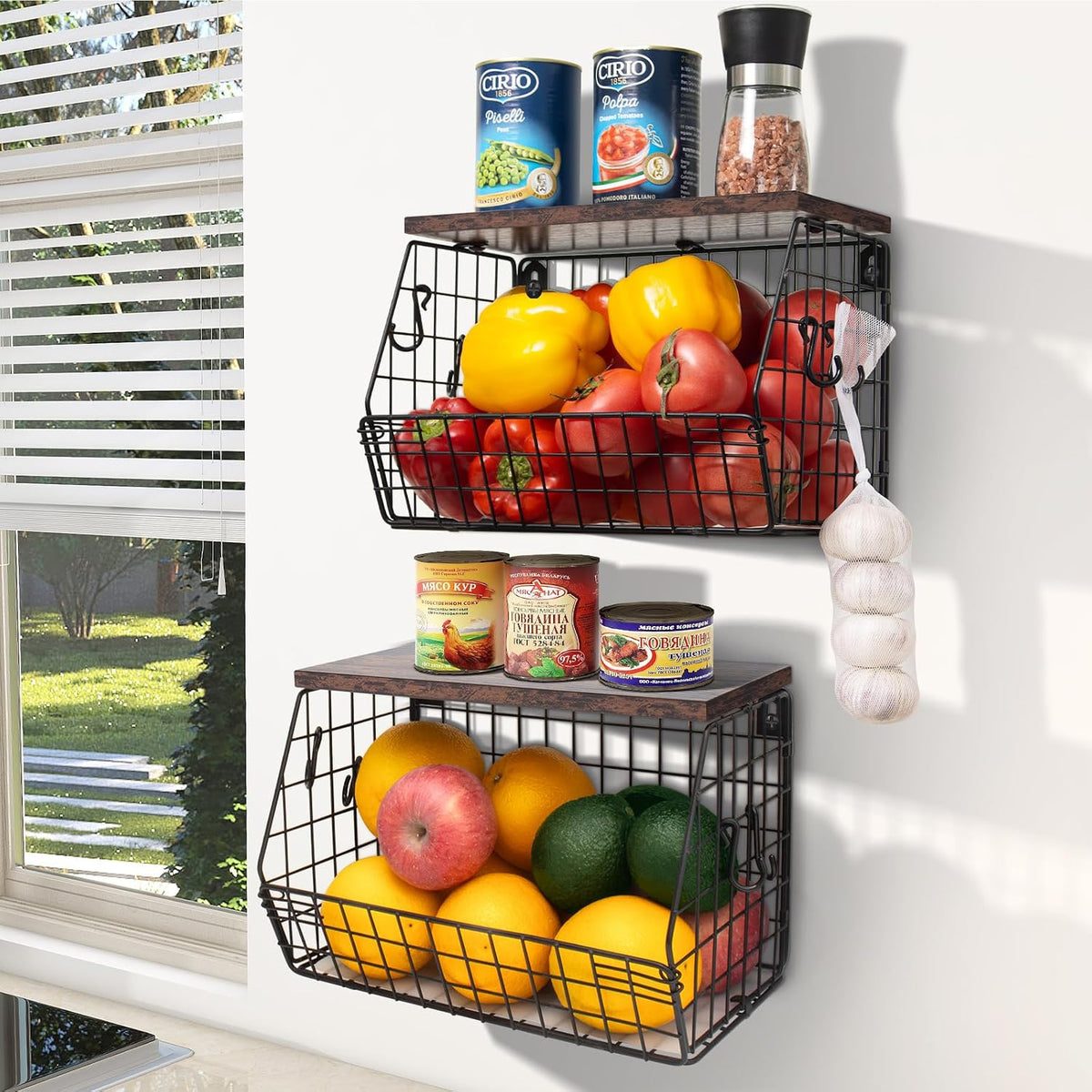 Mefirt Fruit Basket, 2-Tier Fruit Bowl for Kitchen Counter, Stackable Wall Mounted Fruit Storage, Snack Organizer, Potato and Onion Storage Basket, Hanging Pantry Storage with Wood Lid, 2 Set, White