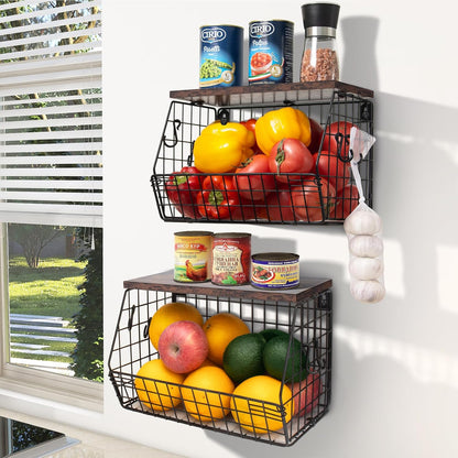 Mefirt Fruit Basket, 2-Tier Fruit Bowl for Kitchen Counter, Stackable Wall Mounted Fruit Storage, Snack Organizer, Potato and Onion Storage Basket, Hanging Pantry Storage with Wood Lid, 2 Set, White