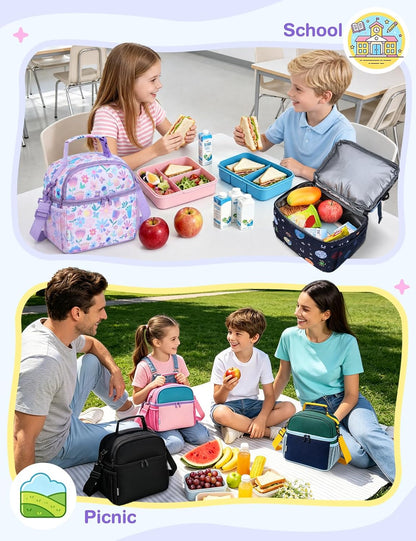 VASCHY Lunch Box Bag for Kids, Insulated Double Compartments Cooler Lunch Tote for Toddlers Boys Girls School/Daycare/Picnic Black Dinos