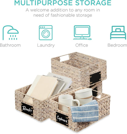 Best Choice Products Set of 4 9x12in Water Hyacinth Pantry Baskets, Woven Organizers w/Chalkboard Label, Chalk Marker - Natural