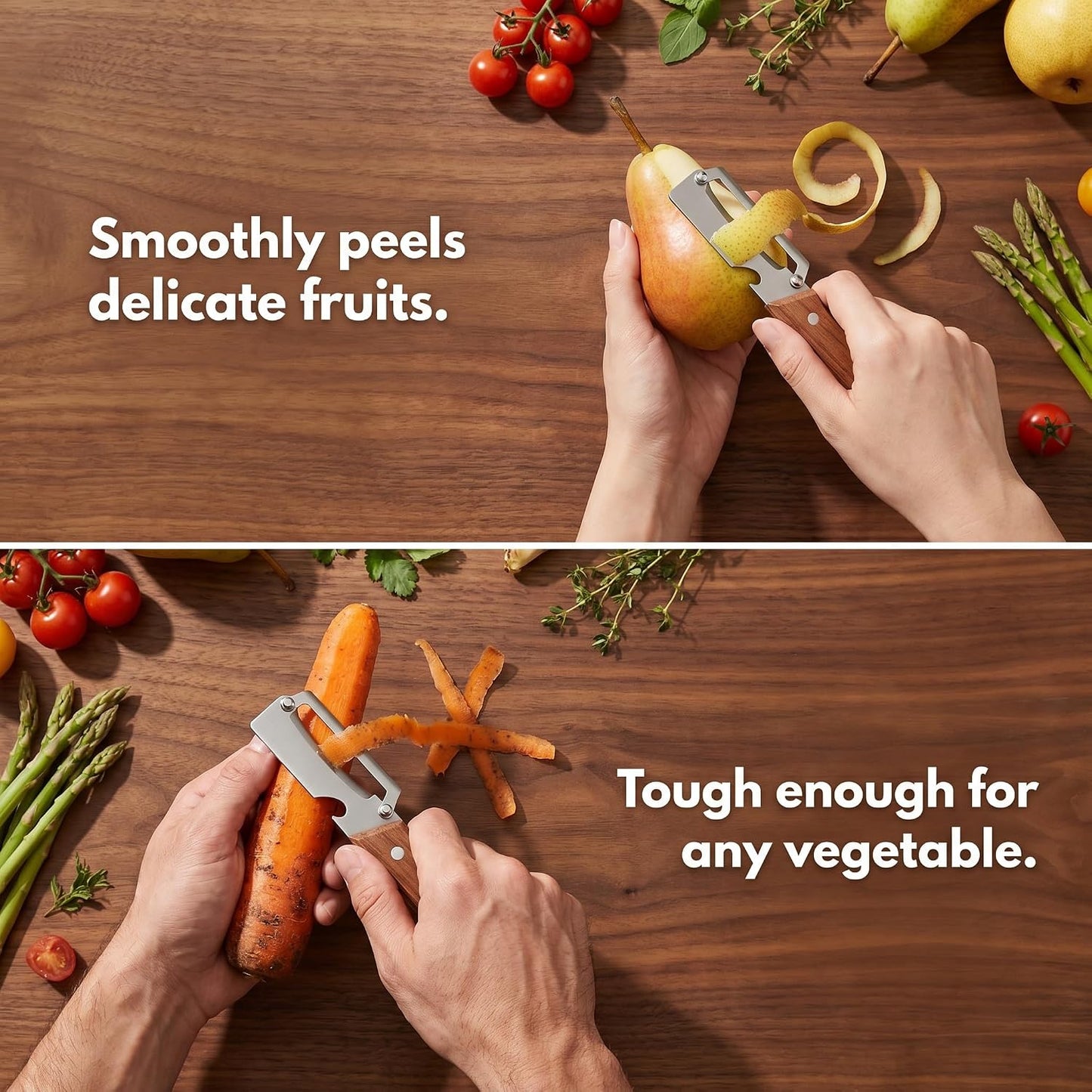 Multi-Functional Vegetable Peeler for Kitchen, 3-in-1 Stainless Steel Kitchen Tool, Wide-Cut Design with Wooden Handle and Bottle Opener, Suitable for Potatoes, Carrots, and Squash (2 PCS)