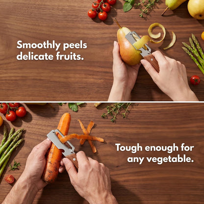 Multi-Functional Vegetable Peeler for Kitchen, 3-in-1 Stainless Steel Kitchen Tool, Wide-Cut Design with Wooden Handle and Bottle Opener, Suitable for Potatoes, Carrots, and Squash (2 PCS)