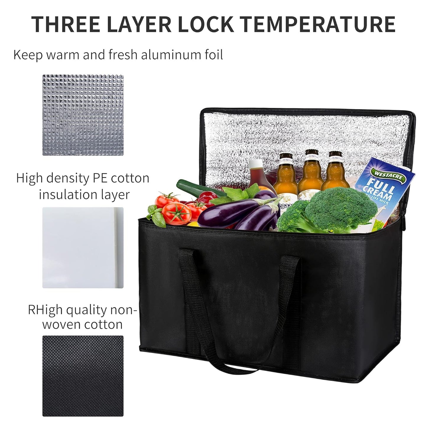 musbus 2-Pack, XL-Large Insulated Grocery Shopping Bags, Black, Reusable Bag,Thermal Zipper,Collapsible,Tote,Cooler,Food Transport hot and Cold,Camping
