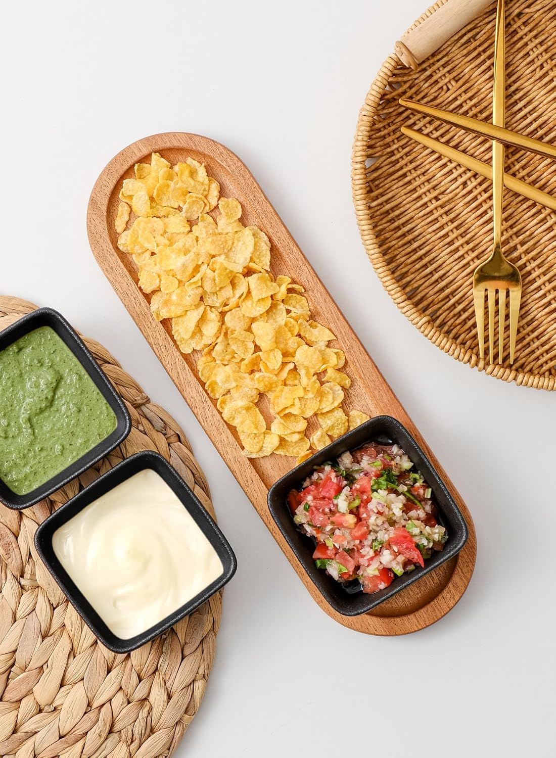 Chip and Dip Serving Set, Ceramic Dipping Sauce Bowls with Wooden Tray, 3.5 inch Side Dishes Set of 3 for Entertaining, Party, Buffets, Appetizers, Snacks and Sushi, Blue