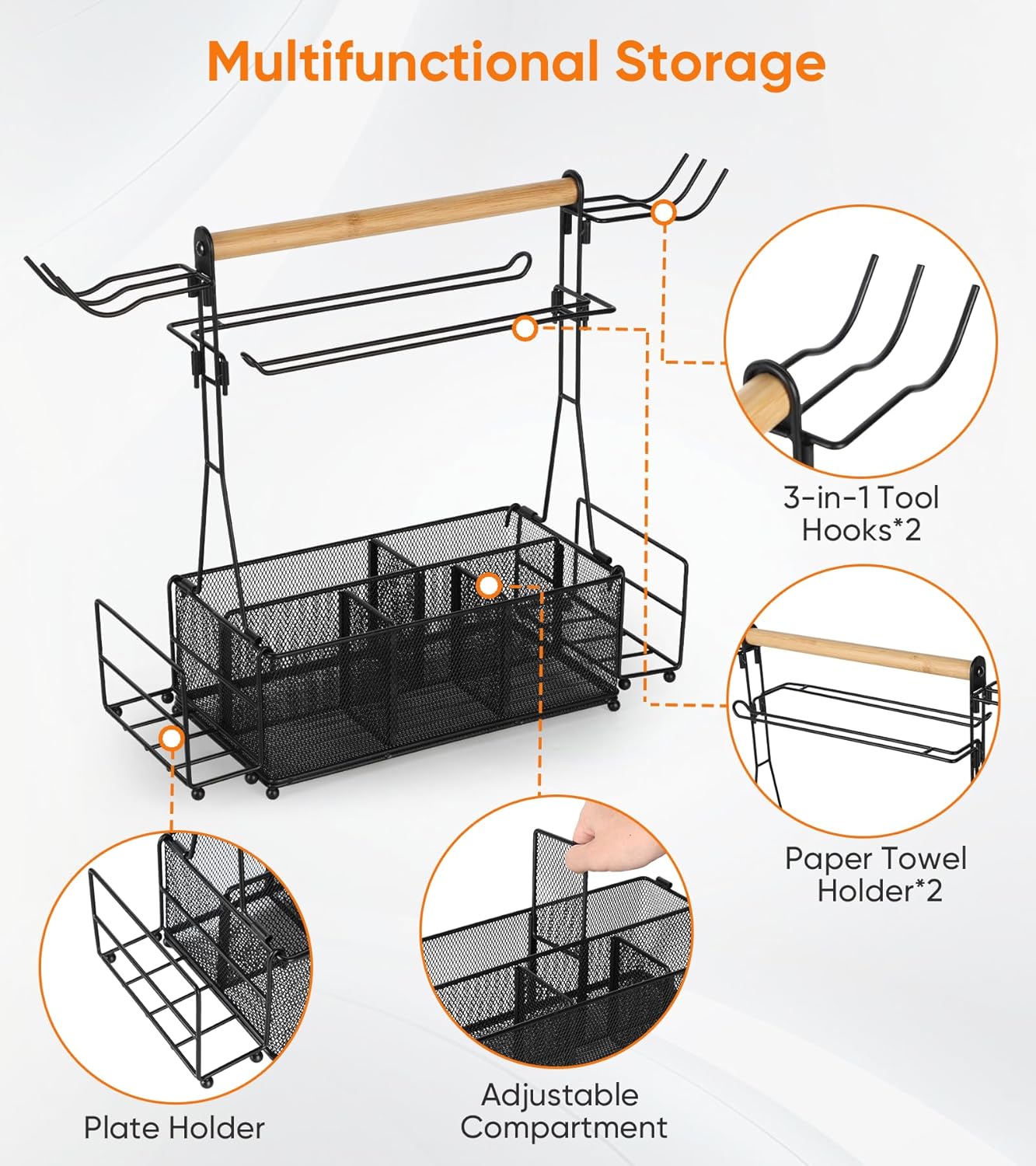 Grill Caddy Barbecue Tool Sets for Outdoor Grill, Picnic BBQ Caddy Picnic Utensil Condiment Organizer, BBQ Accessories Camping Gifts with Paper Towel Holders, Compartments & Hooks
