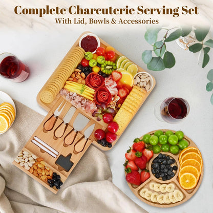 Premium Charcuterie Board with Lid – Bamboo Cheese Board Set with Utensils, Drawer & Fruit Tray – House Warming Gifts New Home, Wedding, Birthday, Bridal Shower (Black)