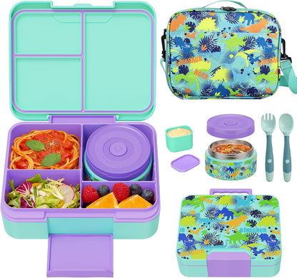 Kids Bento Lunch Box Set with 9.5oz Soup Thermo, Leak-Proof Lunch Food Containers with 3 Compartment and Removable Inner Tray, Insulated Hot Food Jar with Lunch Bag for School, Office, Sea Blue