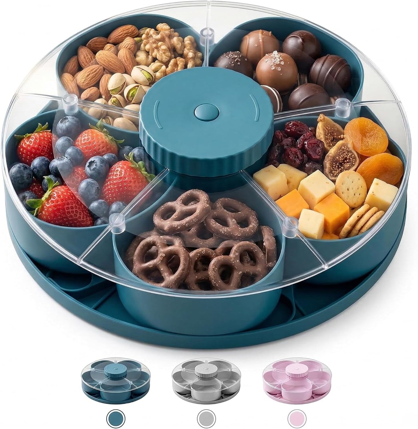 Multi-Compartment Rotating Snack Container with Clear Lid - Dust-Proof Divided Snack Tray for Parties & Picnics, Portable Lazy Susan Food Organizer, Covered Travel Snack Box (Blue)