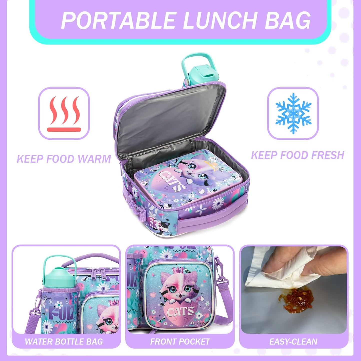 Kids Bento Lunch Box with 6 Compartments Girls Lunch Box with Lunch Bag,Stainless Steel Water Bottle,Ice Pack & Utensils Set,Birthday Gifts for Ages 3-12 Back to School Toddler Girls