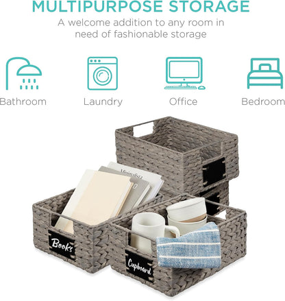 Best Choice Products Set of 4 9x12in Water Hyacinth Pantry Baskets, Woven Organizers w/Chalkboard Label, Chalk Marker - Natural