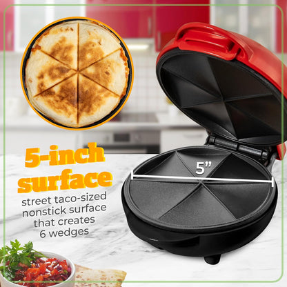 Taco Tuesday Deluxe 8-Inch 6-Wedge Electric Quesadilla Maker with Extra Stuffing Latch, Red