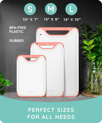 Cutting Boards for Kitchen, Plastic Cutting Board Set of 3, Dishwasher Safe Cutting Boards with Juice Grooves for Meat, Veggies, Fruits, Easy Grip Handle, Non-Slip (Black/Gray)