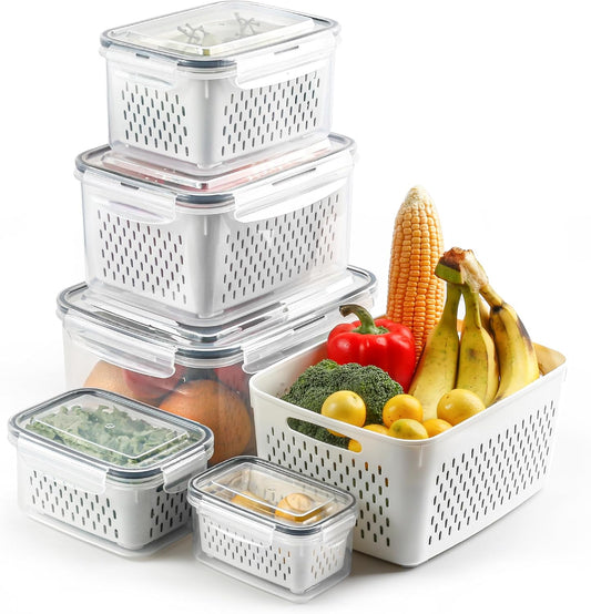 5 Set Fruit Storage Containers for Fridge with Colanders Dishwasher Safe, Leakproof Fruit and Vegetable Storage BPA-Free Plastic, Produce Storage Keep Berry Fruit Veggie Meat Fresh
