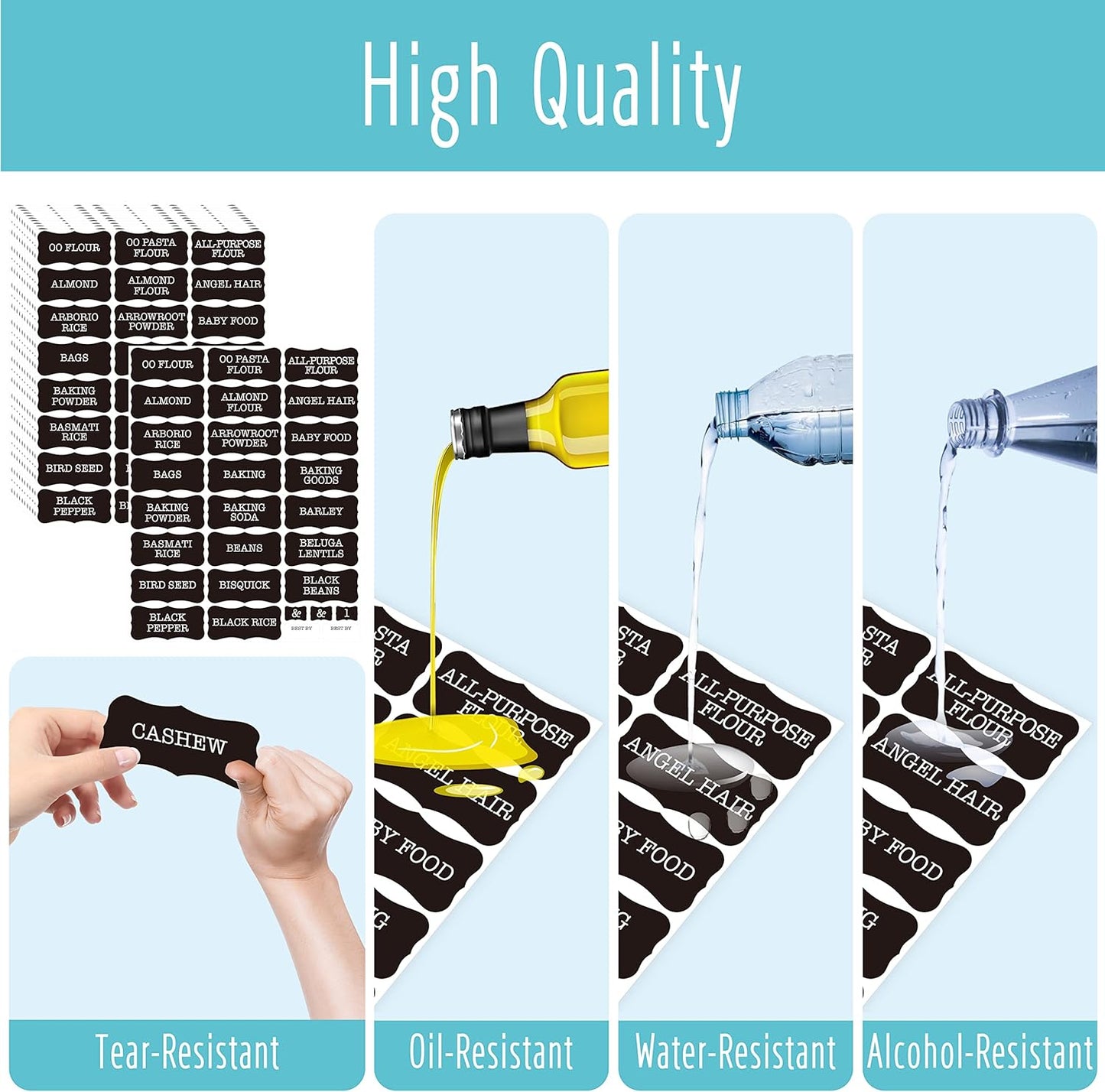 Hebayy 308 Pantry Food Labels, 280 Preprinted Flour Pasta Lentil Grain Condiment Oil Stickers, 28 Blank Ones, Waterproof Oil&Tear Resistant, No Residue for Kitchen Containers Jars(White on Black)