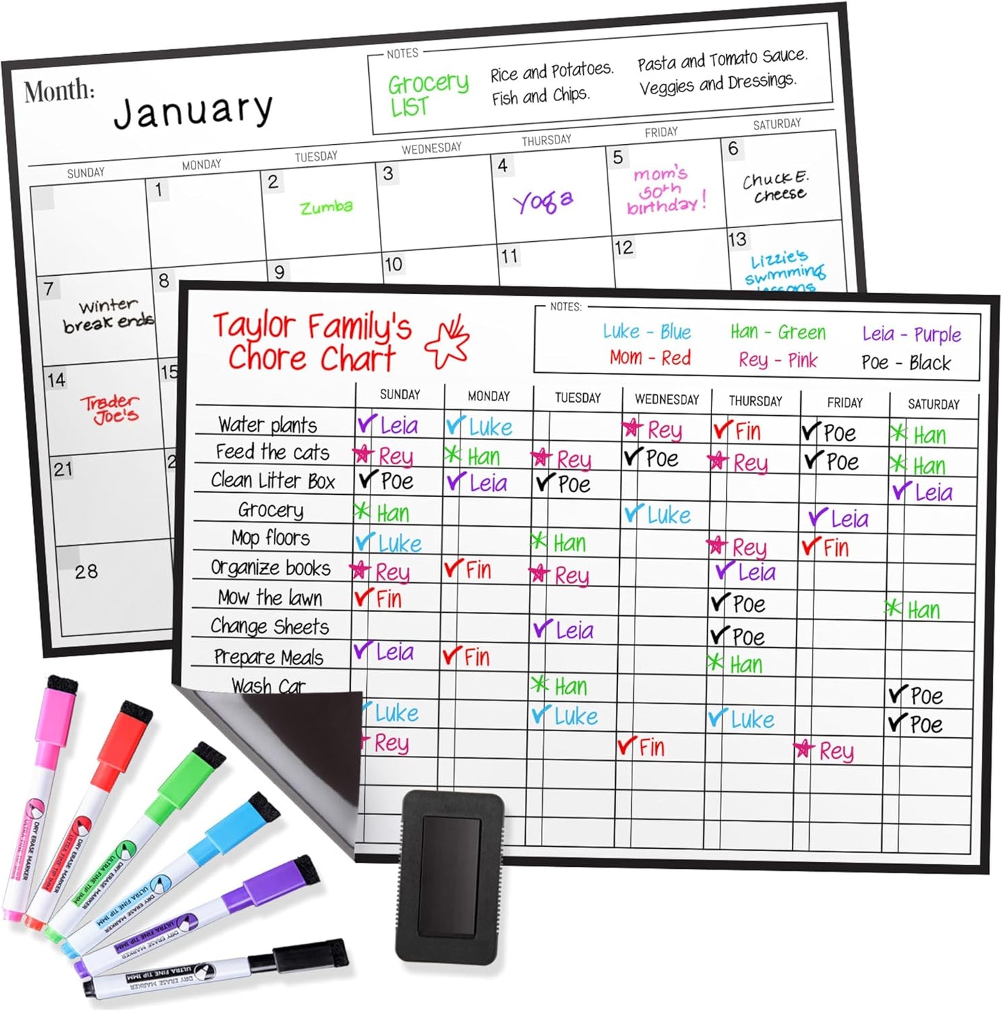 Cinch! Magnetic Calendar Bundle of 3 - Monthly, Weekly, Daily Planning Dry Erase Boards for Fridge - Magnetic Fridge Calendar Whiteboard Set with 6 Fine Tip Markers, Large Eraser, and Magnets