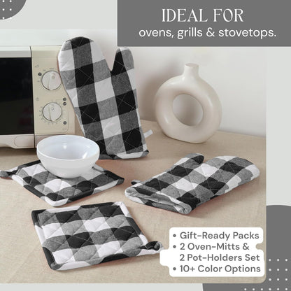Oven Mitt (7"x13") & Pot Holder (8"x8") 100% Cotton Set of Heat Resistant Oven Gloves & Hot Pads for Gifts, BBQ, Cooking, Baking, Thanksgiving - Mustard Yellow