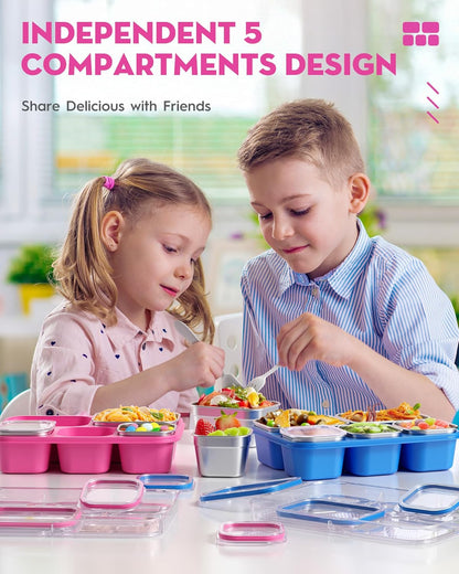 BiuLeon Snackle Box Containers, Stainless Steel 5 Compartments Divided Serving Tray with Lid, Removable LeakProof Portable Bento Box for Fruit Candy Nuts Food - School, Picnic and Travel（Blue）