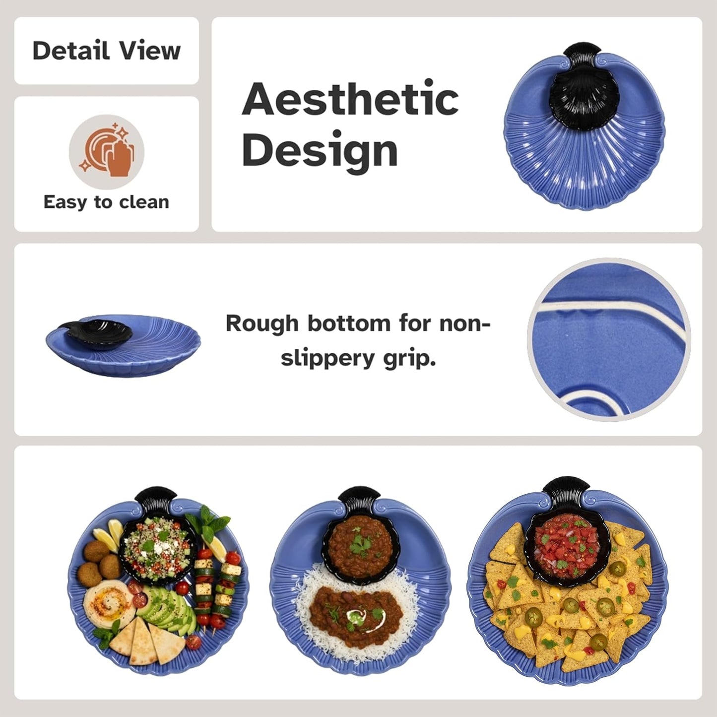 Servo Best Grey Ceramic Chip and Dip Platter, Shell Design Appetizer Serving Tray with Built-In Dip Bowl, Sectioned Snack Platter for Chips Salsa Veggies, Party Entertaining Serveware Gift