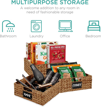 Best Choice Products Set of 4 9x12in Water Hyacinth Pantry Baskets, Woven Organizers w/Chalkboard Label, Chalk Marker - Natural