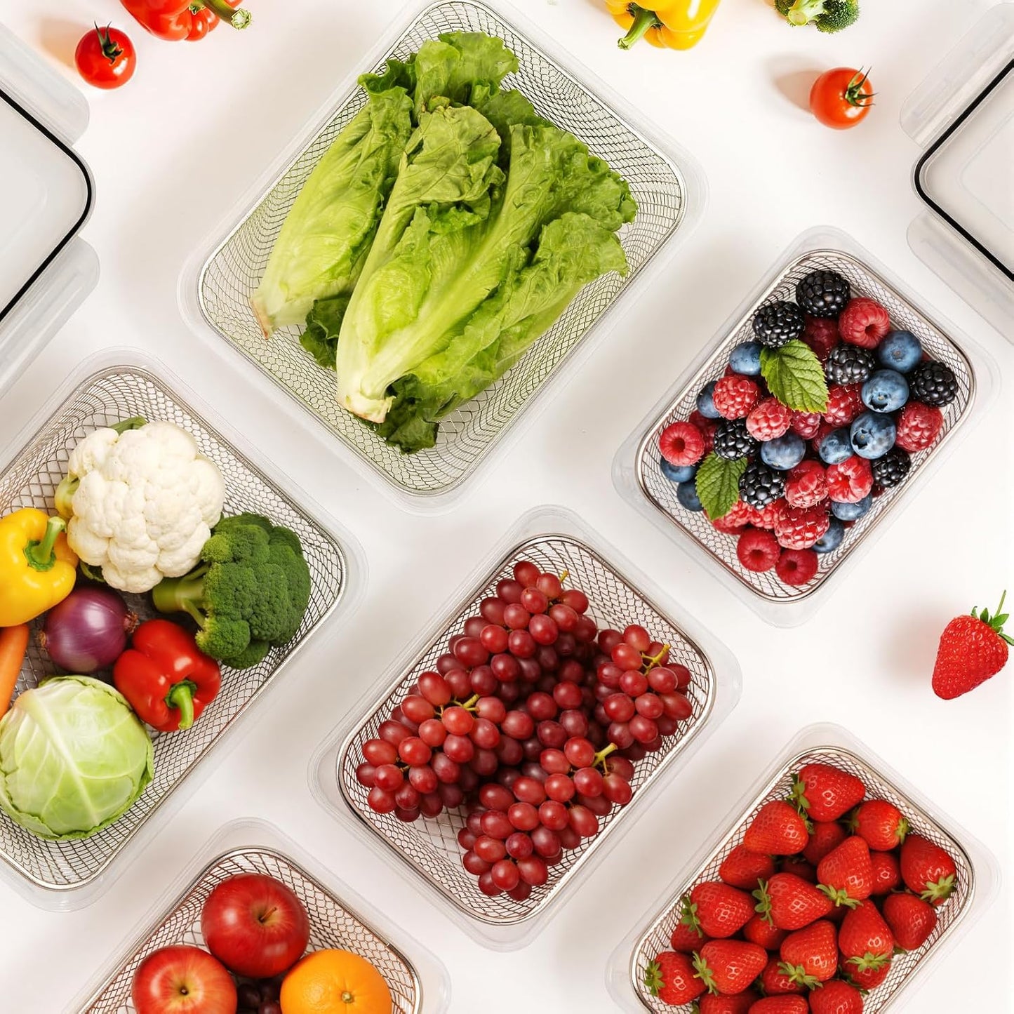 5 PCS Large Fruit Containers for Fridge - Leakproof Food Storage Containers with Removable Colander - Dishwasher & microwave safe Produce Containers Keep Fruits, Vegetables, Berry, Meat Fresh longer