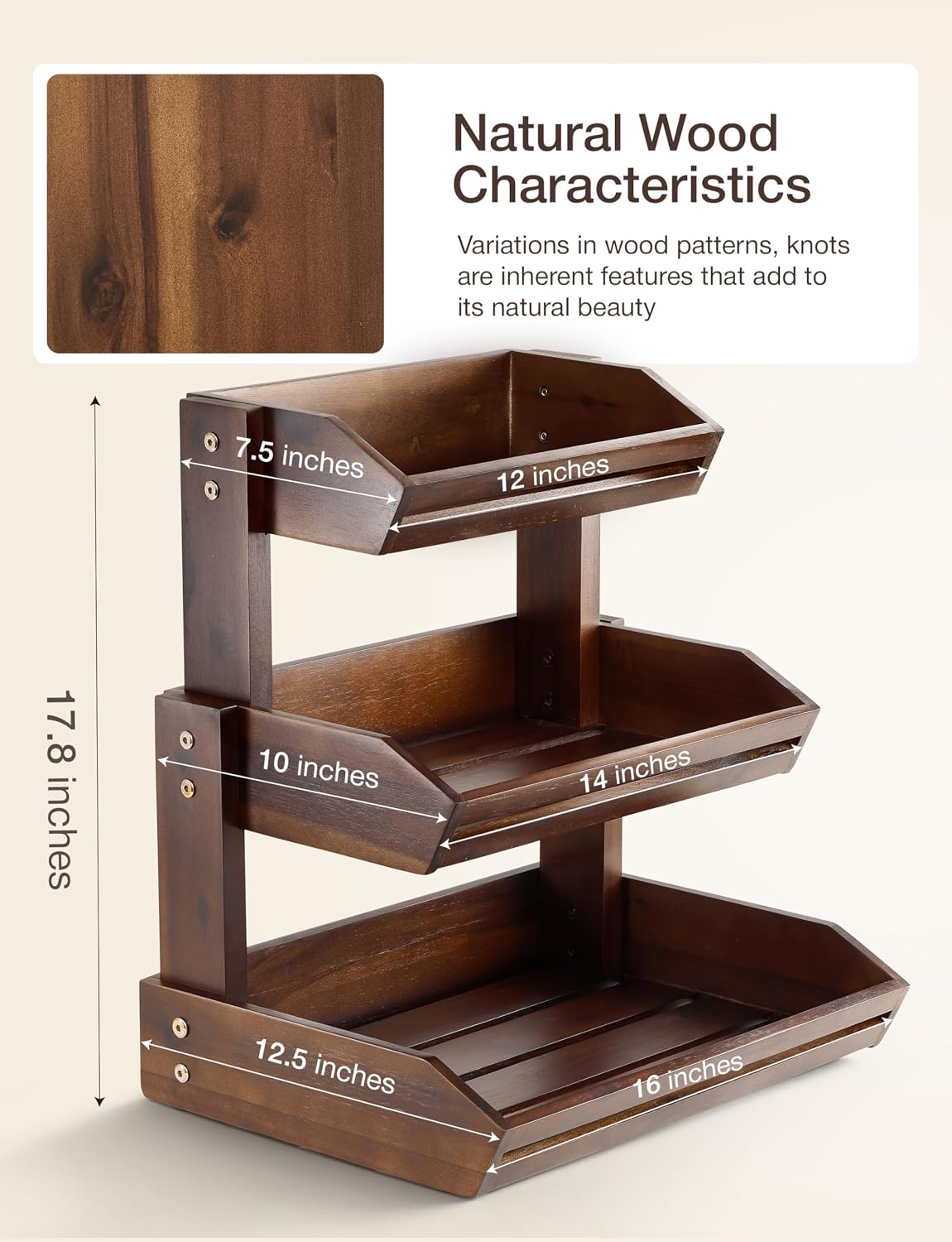 HOLANA Acacia 2 Tier Fruit Basket for Kitchen Counter Organizer – Wooden Fruit Bowl & Wooden Basket for Kitchen Counter Storage, Vegetable & Produce Storage, Snack Organizer for Countertop (Acacia)