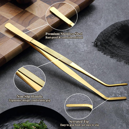 Berglander Kitchen Tweezers Tongs 2pcs, 12" Extra-Long Titanium Gold Plating Stainless Steel Metal Heavy Duty Cooking Tweezers for Chef, Serving Food, Grill, Culinary, Pasta, Salad, BBQ