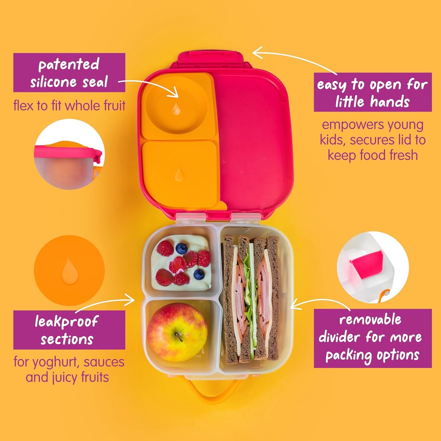 b.box Mini Lunch Box 2-Pack, Leak Proof Bento Box for Kids, 3 Compartment Snack Containers Ages 3+, Lunchbox for Daycare + School, Dishwasher Safe, BPA-Free, PFAS-Free, 4.25 Cup - Blue + Green