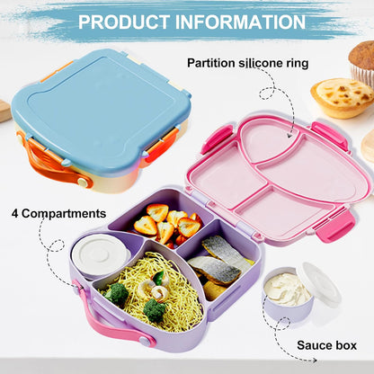 Kids Bento Lunch Box, Toast Shaped 4-Compartment 31OZ Container with Sauce Cup & Utensils (Ages 3+) Leak-Proof, Drop-Proof, Dishwasher Safe | BPA-Free Reusable Lunch Box for School, Travel | Pink