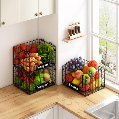 JKsmart 3 Pack XXL Stackable Wire Baskets with Handles for Pantry Storage and Organization, Fruit and Vegetable Basket with Name Plates, Metal Storage Bins for Snack Can Fruit Veggies, XXL