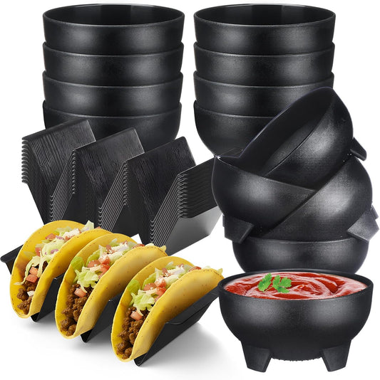 FoldTier Mexican Taco Holder Stands with Salsa Bowls Set of 24 Food Grade Plastic Dishwasher Safe Upright Trays Dipping Bowls For taco Night, Cinco De Mayo, Family Gatherings, Party(Black)