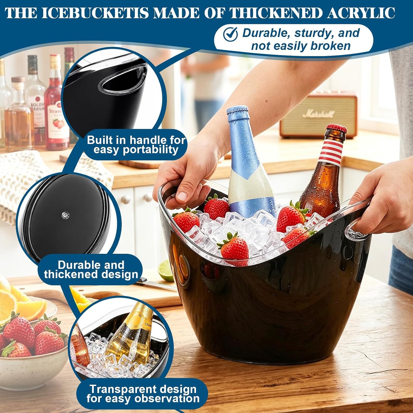 Yesland Ice Bucket, 3.5 L Black Plastic Party Bottle Chiller - 10.5 x 8 x 7-3/4 Inch Ice Beverage/Storage Tub - Perfect for Wine, Champagne or Beer Bottles