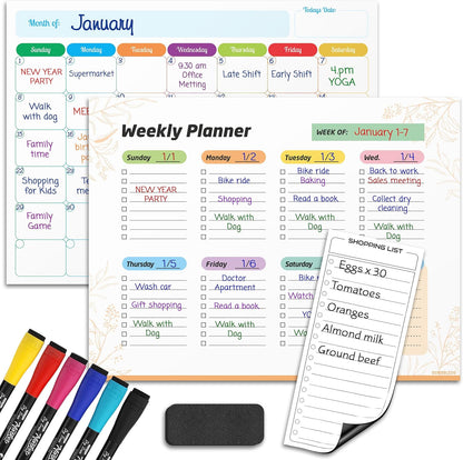 Monthly Planner (Pack of 3) Magnetic Whiteboard Refrigerator Calendar Dry Erase Weekly Planner Magnetic Calendar for Fridge to Do List White Board Dry Erase Shopping Grocery List 6 Markers Included