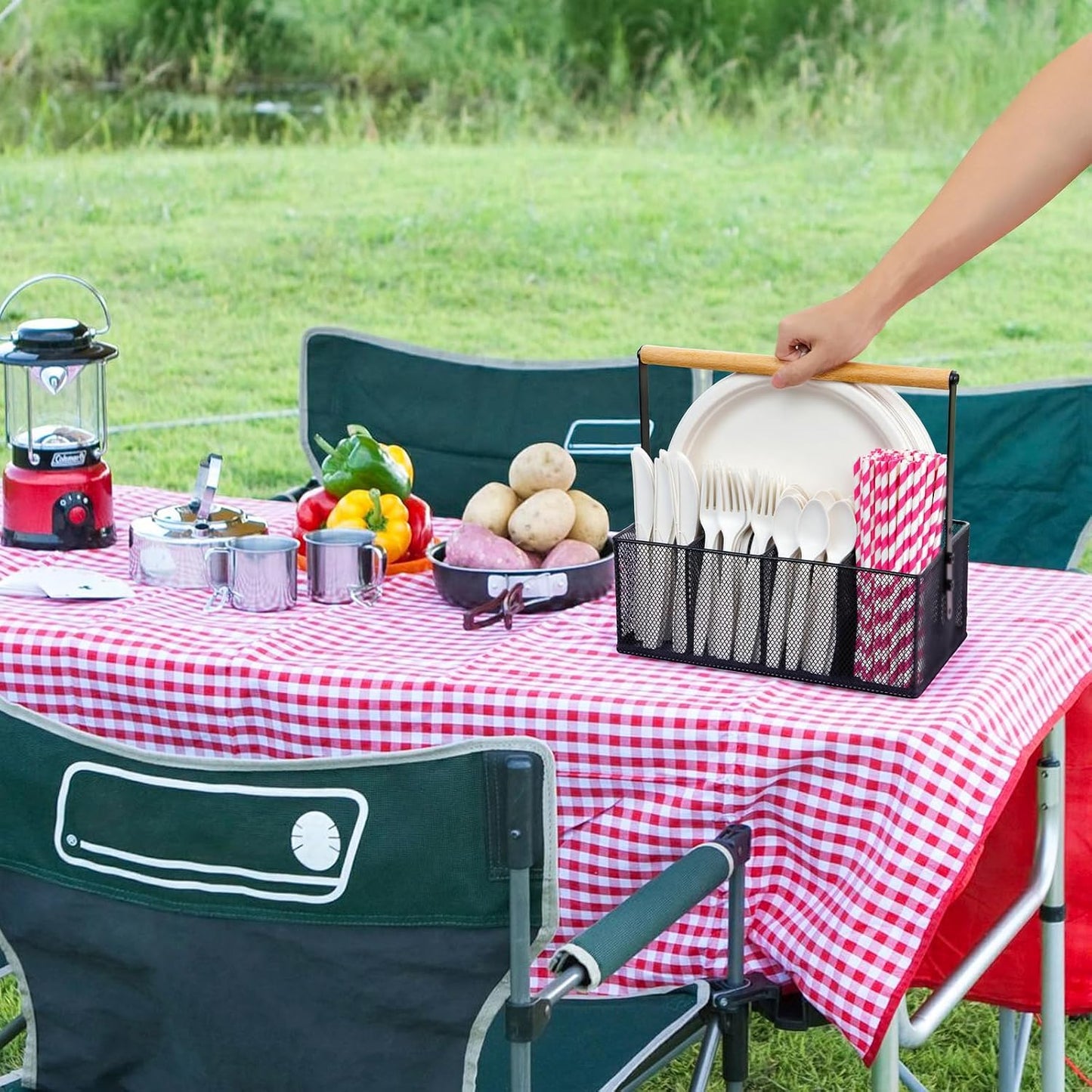 Paper Plate Organizer with Handle, Silverware Caddy Countertop, Paper Plate and Utensil Holder, Cutlery Caddy with 5 Compartments for Party, Camping, Picnic (Black)
