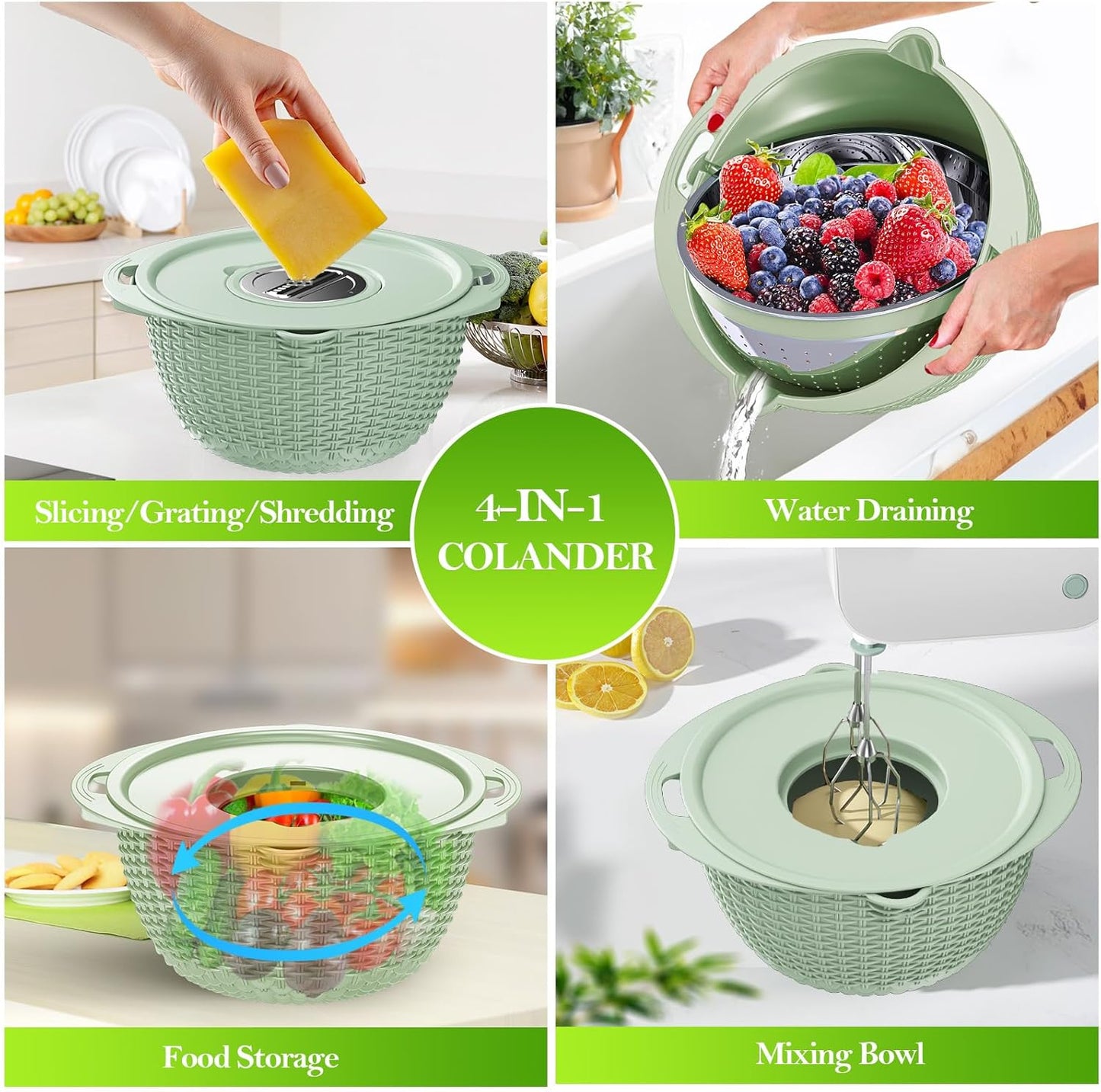 4-1 Colander with Bowl Set, Food Strainers and Colanders, Fruit Washing Bowl with Strainer, Rotatable Colander for Kitchen, Aesthetic Kitchen Gadget, Christmas & New Year Gifts - Beige