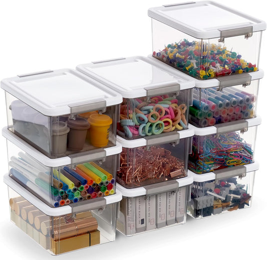 Citylife 7.8 QT 6 Pack Small Storage Bins Plastic Storage Container Stackable Box with Lids for Organizing, Clear White