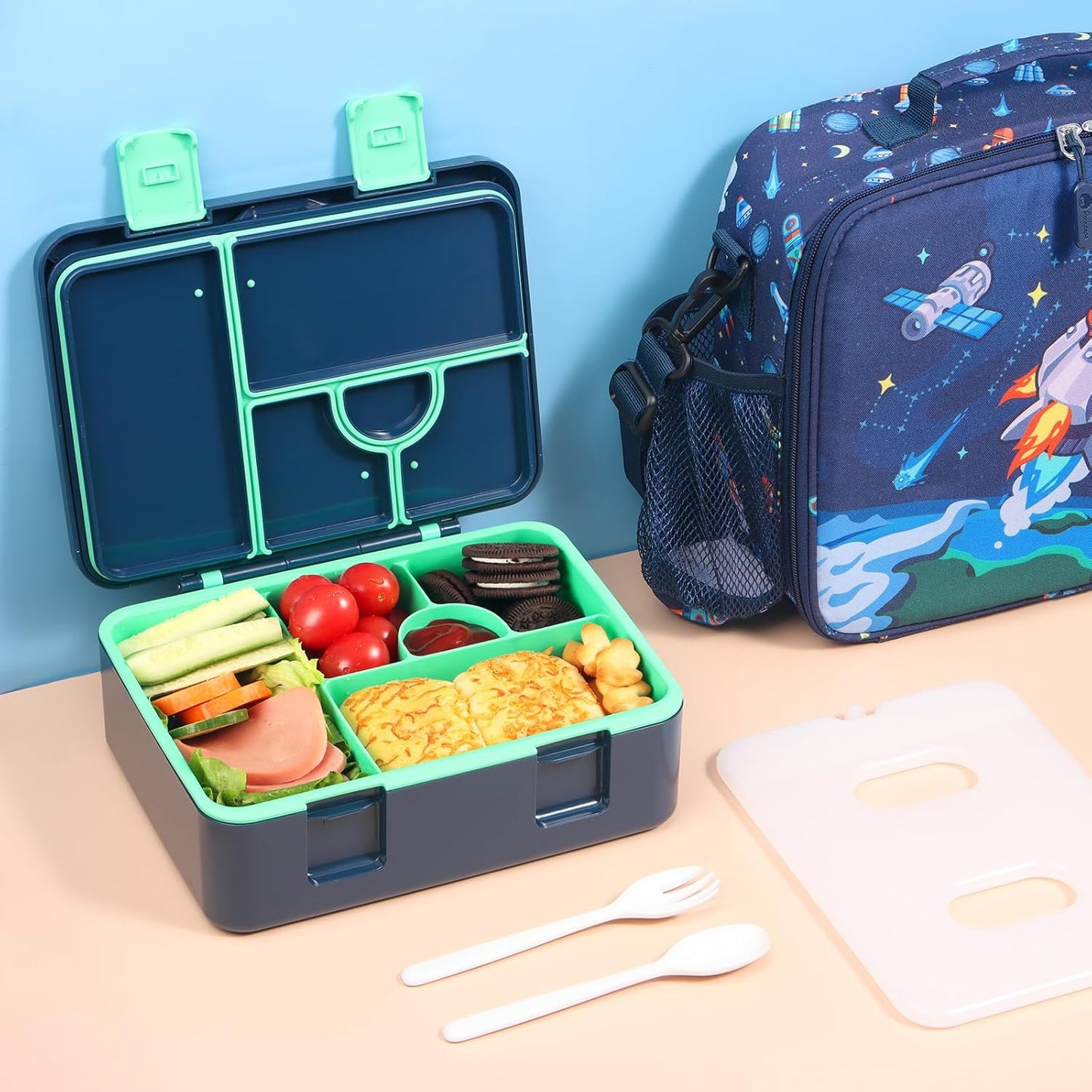 rockpapa Chill Bento Box for Kids- Large 5.5 Cups Lunch Box with Ice Pack - 5 Compartments, BPA-Free, Leak Proof, with Utensils & Portable Handle, Microwave/Dishwasher Safe (Purple Butterfly)